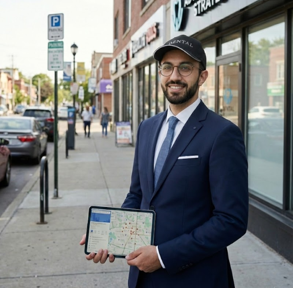 Consultant holding a tablet showing local map results for dental marketing in Houston.