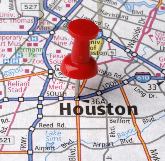 Red pushpin on a map identifying the focus area for dental marketing in Houston.
