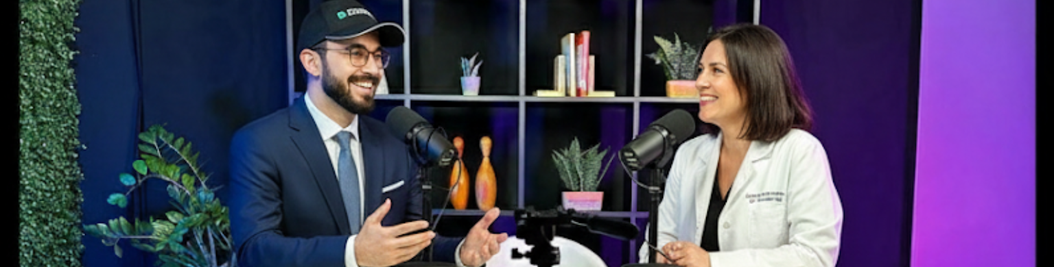 Mubarak Ali discussing dental marketing in Houston with a dentist during a podcast interview.