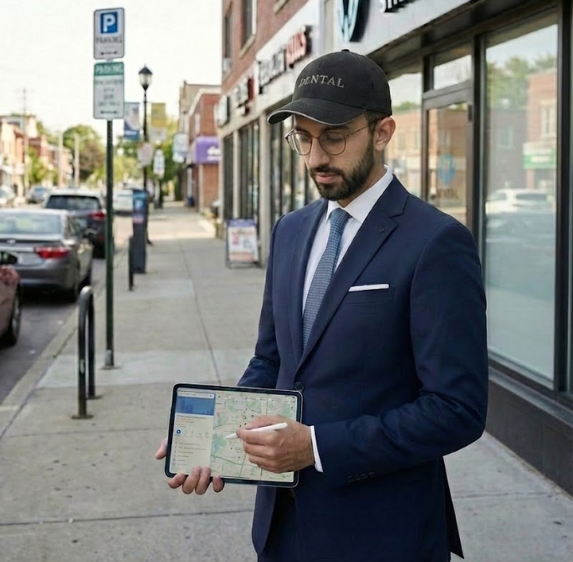 Marketing expert analyzing campaign data on a tablet for dental marketing in Houston clients.